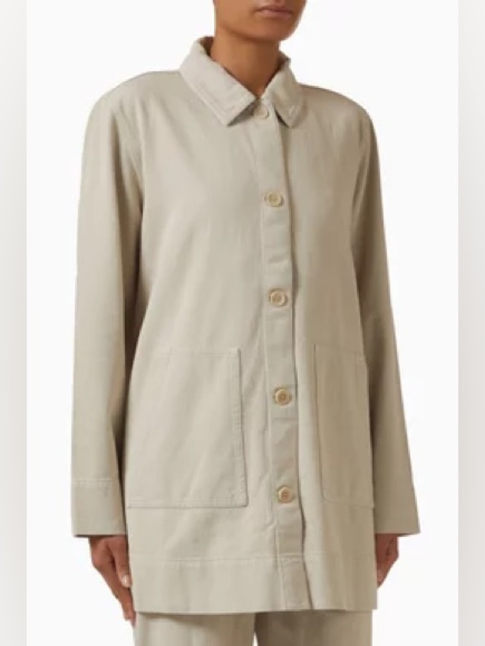 Eileen Fisher Organic Cotton Utility Jacket Beige Longline Coat LG